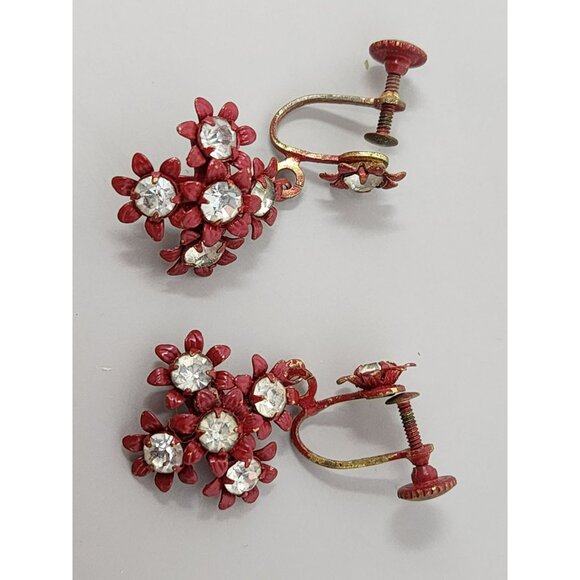 Vintage Costume Screw-On Earrings Red With Rhinestones‎ - Picture 1 of 3